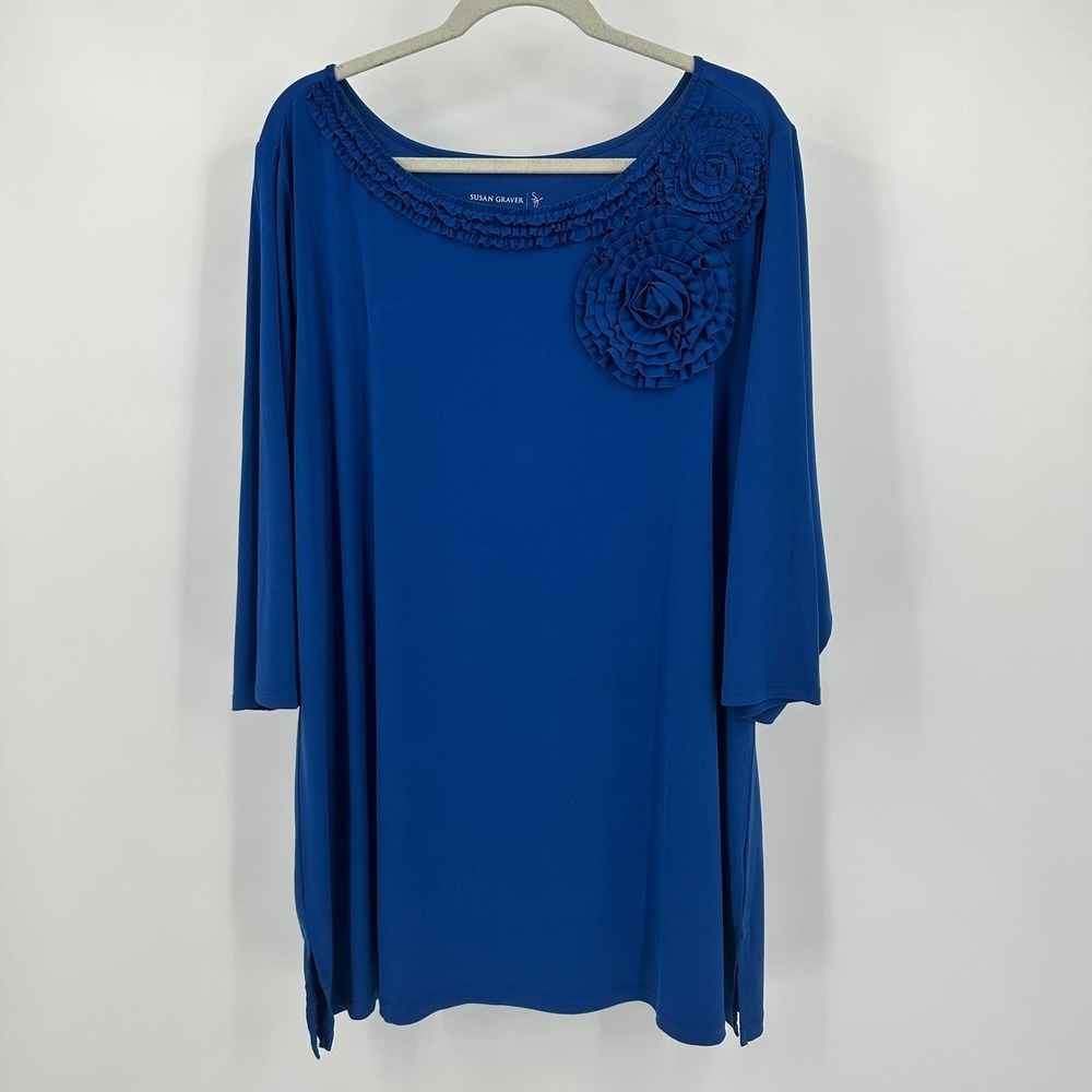 Susan Graver Womens Romantic Rosette Tunic Top Size 2X Liquid Knit Modest Office